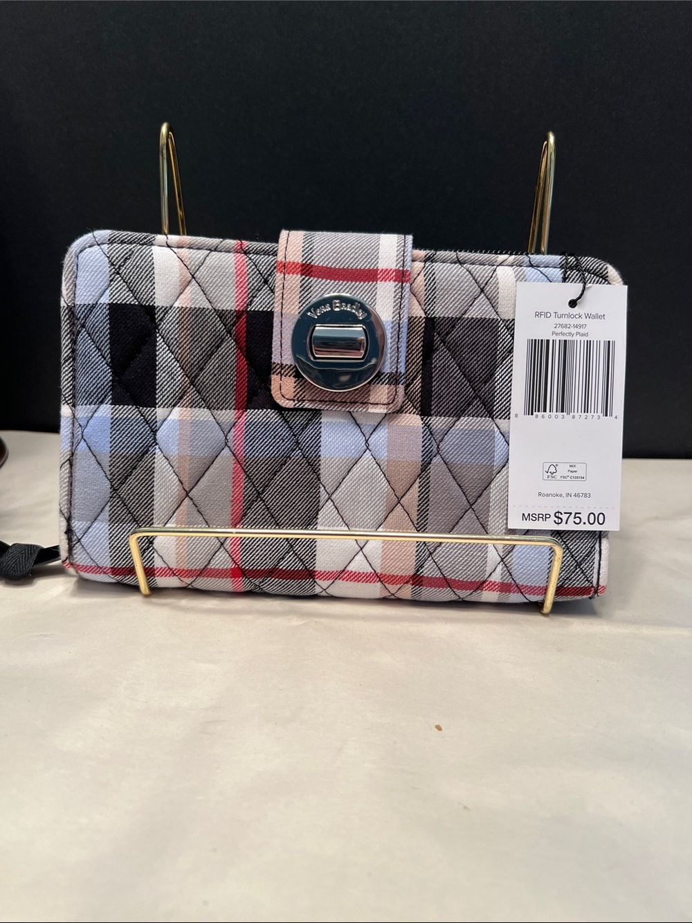Vera Bradley Quilted Plaid RFID Turnlock Wallet - Gray, Black, Red NWT